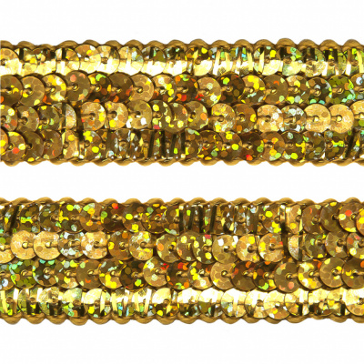 Тесьма с пайетками D16, шир. 20 мм/уп. 25+/-1 м, цвет золото - купить в Ачинске. Цена: 778.19 руб.